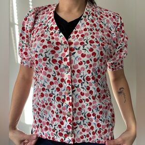 LOFT White Red Cherry print Romantic Valentine Day button up Cotton blouse Small